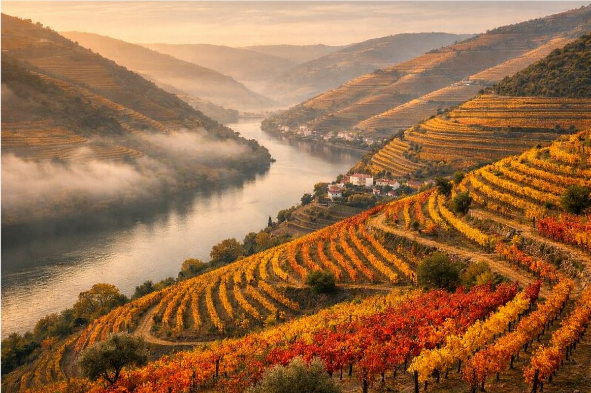 Viajantes felizes numa escapada em Portugal